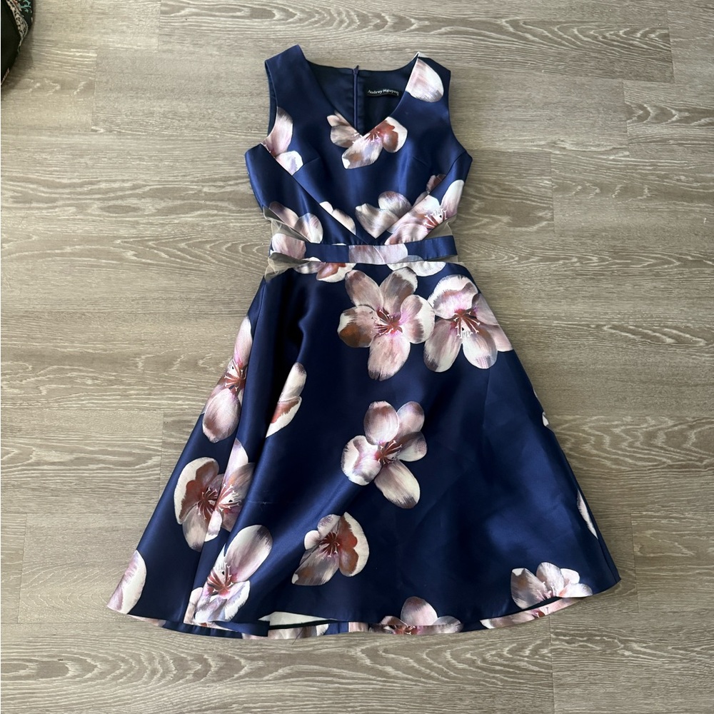 audrey nguyen wedding guest floral navy blue midi dress size xxs
